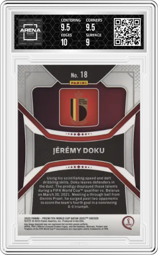 Jeremy Doku from the 2022 Panini Prizm FIFA WC Qatar set graded by Arena Club and given an overall grade of 9.5.