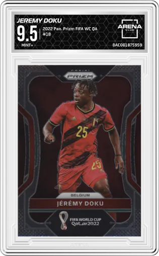 Jeremy Doku from the 2022 Panini Prizm FIFA WC Qatar set graded by Arena Club and given an overall grade of 9.5.
