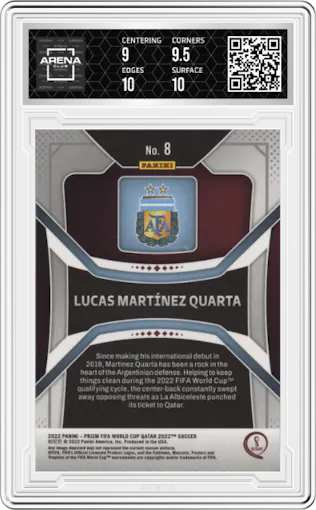 Lucas Martinez Quarta from the 2022 Panini Prizm FIFA WC Qatar set graded by Arena Club and given an overall grade of 9.5.