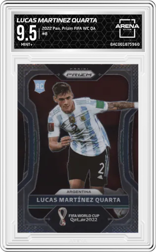 Lucas Martinez Quarta from the 2022 Panini Prizm FIFA WC Qatar set graded by Arena Club and given an overall grade of 9.5.