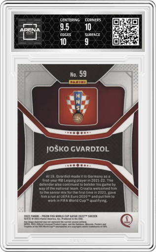 Josko Gvardiol from the 2022 Panini Prizm FIFA WC Qatar set graded by Arena Club and given an overall grade of 9.5.