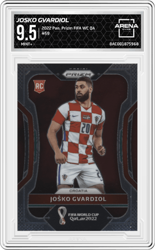 Josko Gvardiol from the 2022 Panini Prizm FIFA WC Qatar set graded by Arena Club and given an overall grade of 9.5.
