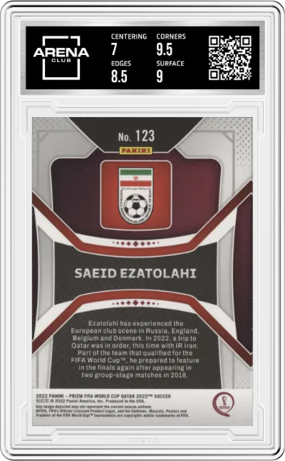 Saeid Ezatolahi from the 2022 Panini Prizm FIFA WC Qatar set graded by Arena Club and given an overall grade of 7.5.