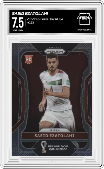 Saeid Ezatolahi from the 2022 Panini Prizm FIFA WC Qatar set graded by Arena Club and given an overall grade of 7.5.