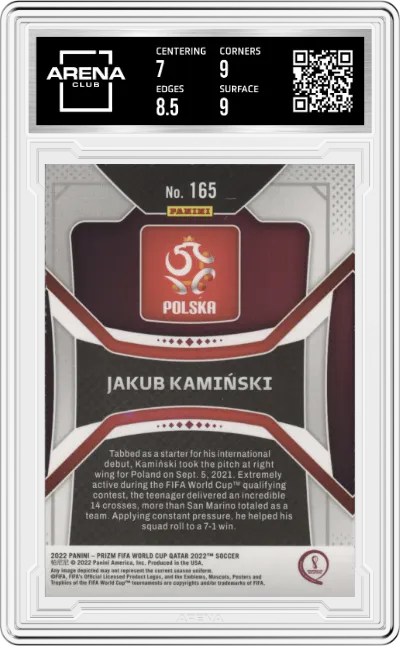 Jakub Kaminski from the 2022 Panini Prizm FIFA WC Qatar set graded by Arena Club and given an overall grade of 7.5.