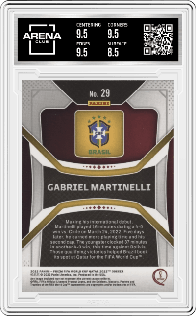 Gabriel Martinelli from the 2022 Panini Prizm FIFA WC Qatar set graded by Arena Club and given an overall grade of 9.