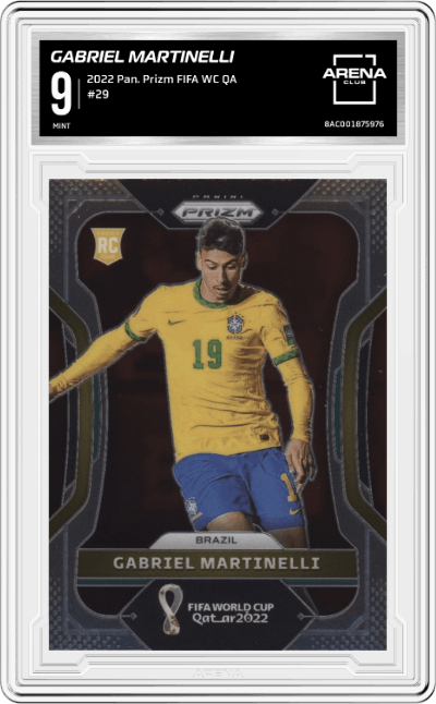 Gabriel Martinelli from the 2022 Panini Prizm FIFA WC Qatar set graded by Arena Club and given an overall grade of 9.