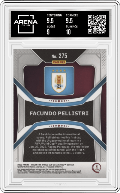 Facundo Pellistri from the 2022 Panini Prizm FIFA WC Qatar set graded by Arena Club and given an overall grade of 9.5.