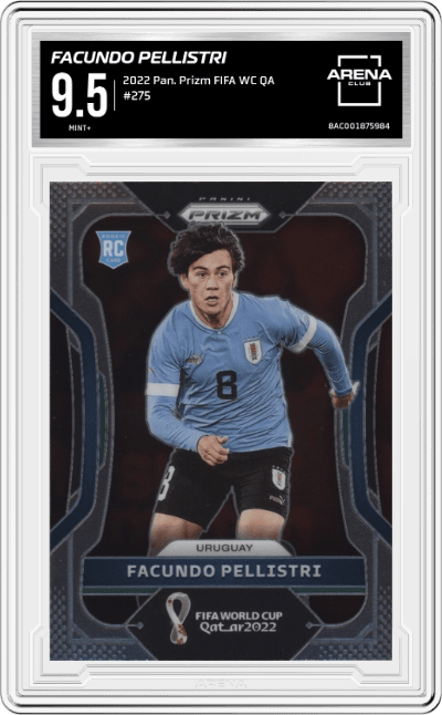 Facundo Pellistri from the 2022 Panini Prizm FIFA WC Qatar set graded by Arena Club and given an overall grade of 9.5.