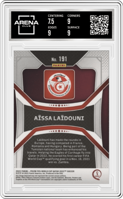 Aissa Laidouni from the 2022 Panini Prizm FIFA WC Qatar set graded by Arena Club and given an overall grade of 8.