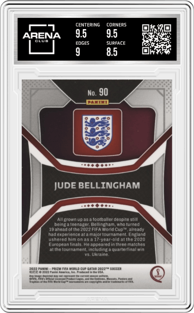 Jude Bellingham from the 2022 Panini Prizm FIFA WC Qatar set graded by Arena Club and given an overall grade of 9.