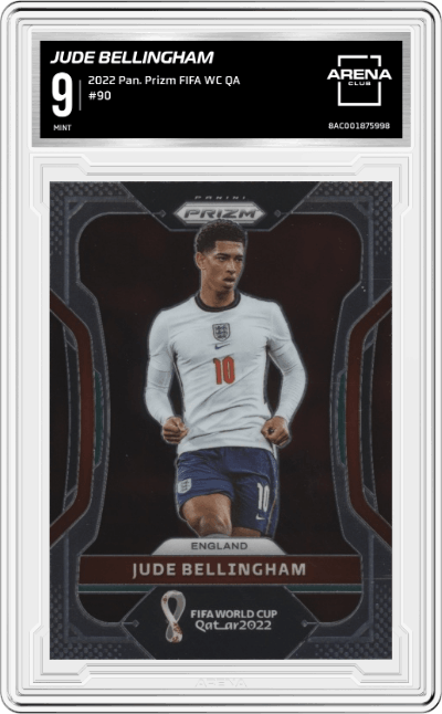 Jude Bellingham from the 2022 Panini Prizm FIFA WC Qatar set graded by Arena Club and given an overall grade of 9.
