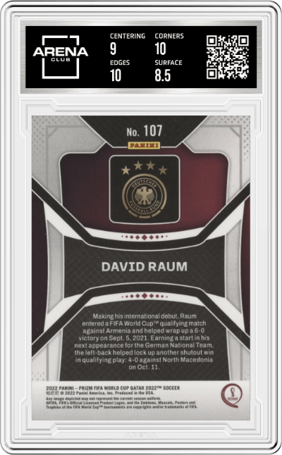 David Raum from the 2022 Panini Prizm FIFA WC Qatar set graded by Arena Club and given an overall grade of 9.