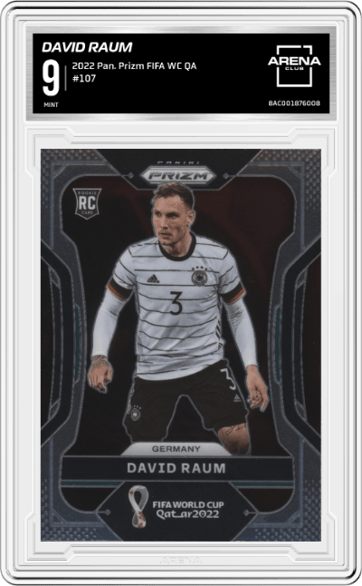 David Raum from the 2022 Panini Prizm FIFA WC Qatar set graded by Arena Club and given an overall grade of 9.