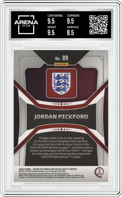 Jordan Pickford from the 2022 Panini Prizm FIFA WC Qatar set graded by Arena Club and given an overall grade of 9.