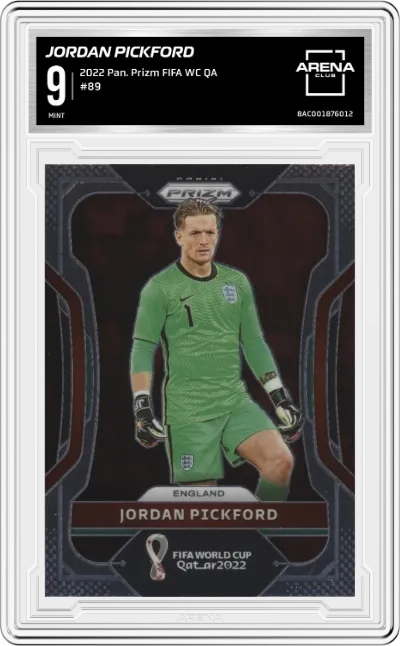 Jordan Pickford from the 2022 Panini Prizm FIFA WC Qatar set graded by Arena Club and given an overall grade of 9.