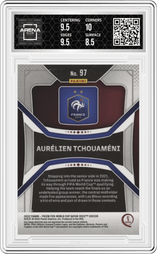 Aurelien Tchouameni from the 2022 Panini Prizm FIFA WC Qatar set graded by Arena Club and given an overall grade of 9.