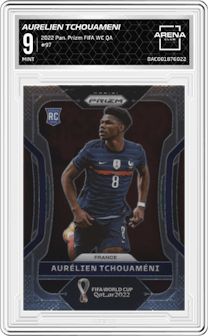 Aurelien Tchouameni from the 2022 Panini Prizm FIFA WC Qatar set graded by Arena Club and given an overall grade of 9.