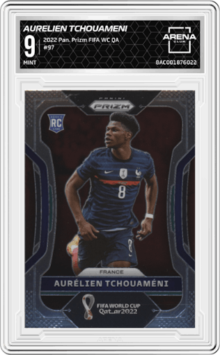 Aurelien Tchouameni from the 2022 Panini Prizm FIFA WC Qatar set graded by Arena Club and given an overall grade of 9.