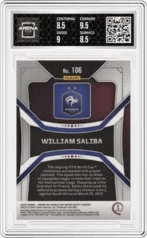 William Saliba from the 2022 Panini Prizm FIFA WC Qatar set graded by Arena Club and given an overall grade of 9.