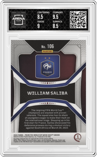 William Saliba from the 2022 Panini Prizm FIFA WC Qatar set graded by Arena Club and given an overall grade of 9.