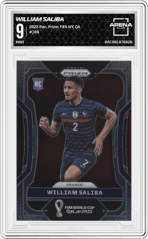 William Saliba from the 2022 Panini Prizm FIFA WC Qatar set graded by Arena Club and given an overall grade of 9.