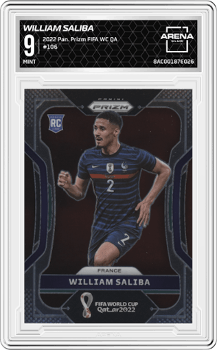 William Saliba from the 2022 Panini Prizm FIFA WC Qatar set graded by Arena Club and given an overall grade of 9.