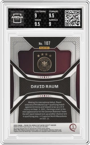 David Raum from the 2022 Panini Prizm FIFA WC Qatar set graded by Arena Club and given an overall grade of 9.5.