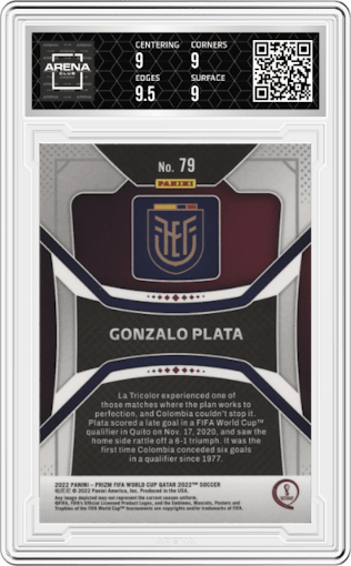 Gonzalo Plata from the 2022 Panini Prizm FIFA WC Qatar set graded by Arena Club and given an overall grade of 9.