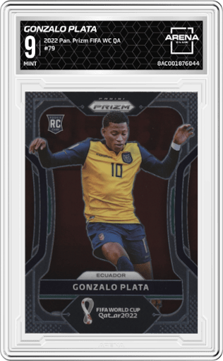 Gonzalo Plata from the 2022 Panini Prizm FIFA WC Qatar set graded by Arena Club and given an overall grade of 9.