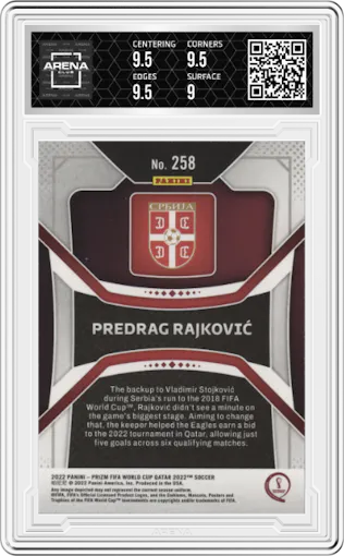 Predrag Rajkovic from the 2022 Panini Prizm FIFA WC Qatar set graded by Arena Club and given an overall grade of 9.5.