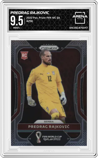 Predrag Rajkovic from the 2022 Panini Prizm FIFA WC Qatar set graded by Arena Club and given an overall grade of 9.5.