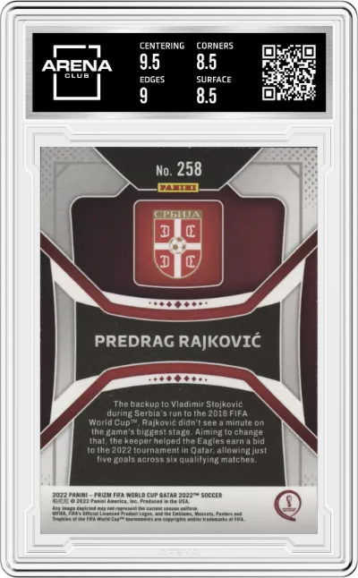 Predrag Rajkovic from the 2022 Panini Prizm FIFA WC Qatar set graded by Arena Club and given an overall grade of 9.