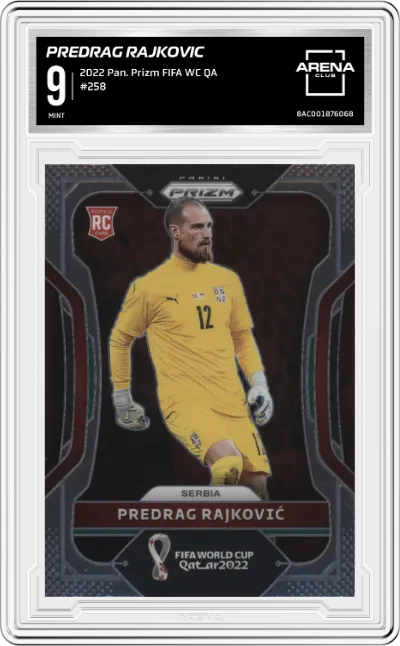 Predrag Rajkovic from the 2022 Panini Prizm FIFA WC Qatar set graded by Arena Club and given an overall grade of 9.