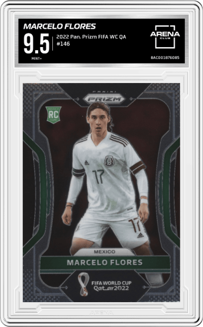 Marcelo Flores from the 2022 Panini Prizm FIFA WC Qatar set graded by Arena Club and given an overall grade of 9.5.