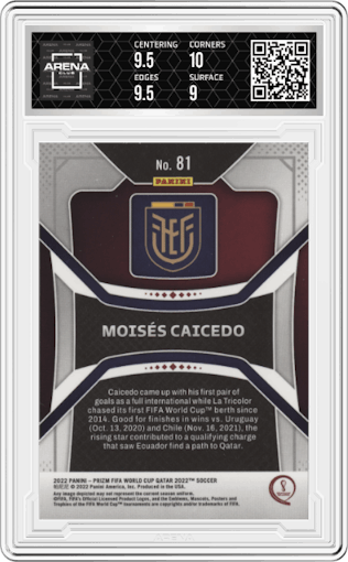 Moises Caicedo from the 2022 Panini Prizm FIFA WC Qatar set graded by Arena Club and given an overall grade of 9.5.