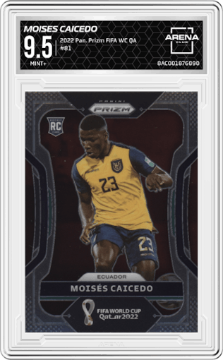 Moises Caicedo from the 2022 Panini Prizm FIFA WC Qatar set graded by Arena Club and given an overall grade of 9.5.