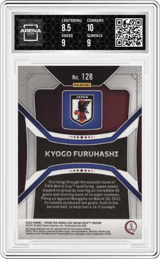Kyogo Furuhashi from the 2022 Panini Prizm FIFA WC Qatar set graded by Arena Club and given an overall grade of 9.