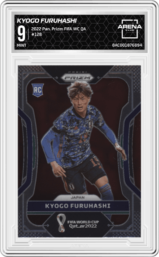 Kyogo Furuhashi from the 2022 Panini Prizm FIFA WC Qatar set graded by Arena Club and given an overall grade of 9.