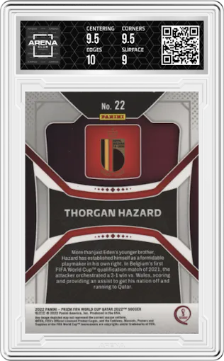 Thorgan Hazard from the 2022 Panini Prizm FIFA WC Qatar set graded by Arena Club and given an overall grade of 9.5.