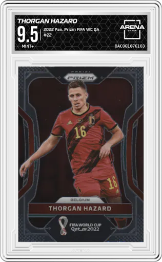 Thorgan Hazard from the 2022 Panini Prizm FIFA WC Qatar set graded by Arena Club and given an overall grade of 9.5.
