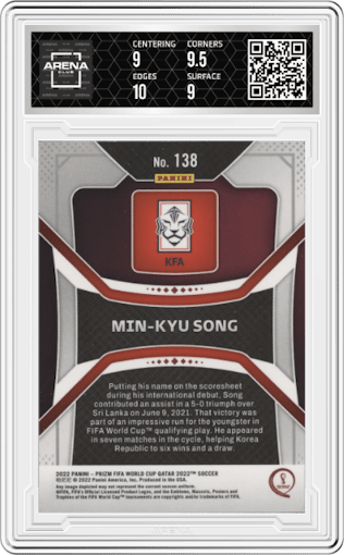Min-Kyu Song from the 2022 Panini Prizm FIFA WC Qatar set graded by Arena Club and given an overall grade of 9.5.