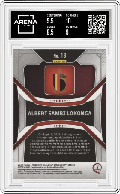 Albert Sambi Lokonga from the 2022 Panini Prizm FIFA WC Qatar set graded by Arena Club and given an overall grade of 9.5.