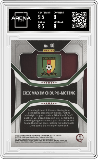 Eric Maxim Choupo-Moting from the 2022 Panini Prizm FIFA WC Qatar set graded by Arena Club and given an overall grade of 9.5.