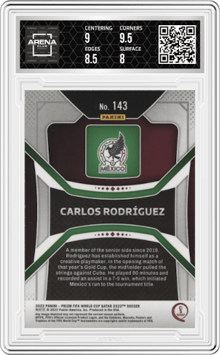 Carlos Rodriguez from the 2022 Panini Prizm FIFA WC Qatar set graded by Arena Club and given an overall grade of 8.5.