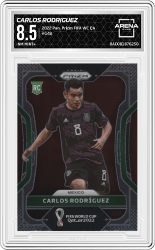 Carlos Rodriguez from the 2022 Panini Prizm FIFA WC Qatar set graded by Arena Club and given an overall grade of 8.5.