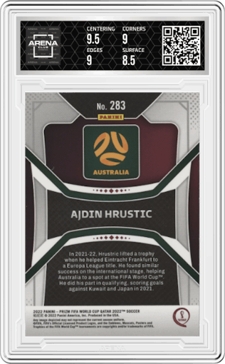 Ajdin Hrustic from the 2022 Panini Prizm FIFA WC Qatar set graded by Arena Club and given an overall grade of 9.