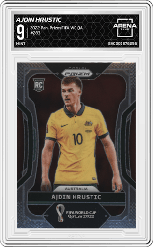 Ajdin Hrustic from the 2022 Panini Prizm FIFA WC Qatar set graded by Arena Club and given an overall grade of 9.