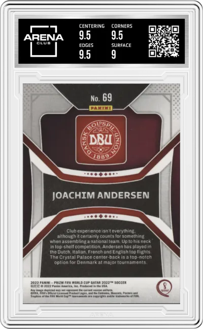 Joachim Andersen from the 2022 Panini Prizm FIFA WC Qatar set graded by Arena Club and given an overall grade of 9.5.