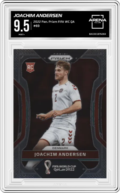Joachim Andersen from the 2022 Panini Prizm FIFA WC Qatar set graded by Arena Club and given an overall grade of 9.5.